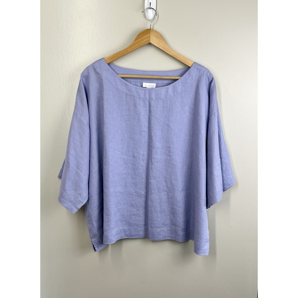 Pure Jill 100% Linen Lavender Boxy Lagenlook Top Short Sleeve Sz M Basic Minimal